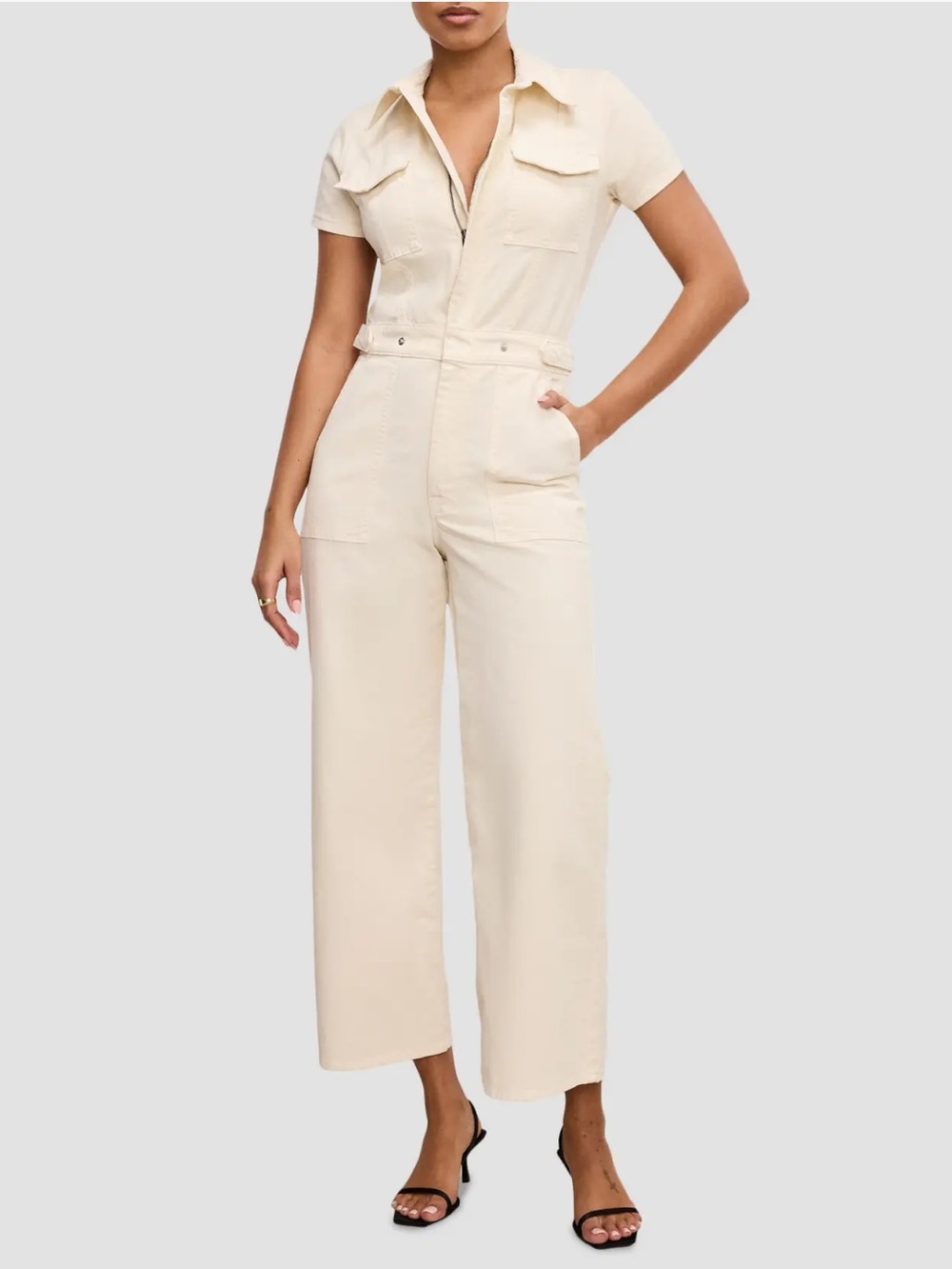 Good American Fit For Success Twill Palazzo Ecru Short-Sleeve Wide Leg Jumpsuit
